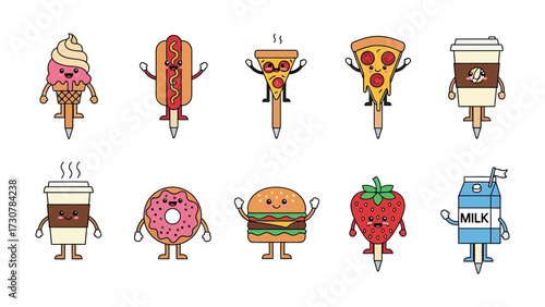 Food Friends: A delightful cartoon array of food characters joyfully ride mechanical pencils, spreading happiness and bringing the charm of food to life.