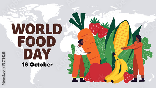 Vector art of world food day illustration featuring people interacting with giant fruits and vegetables, set against a world map background, promoting food awareness