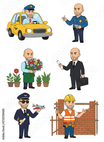 Cartoon Man Professions Vector Set – Taxi Driver, Florist, Policeman, Diplomat, Pilot, Builder
