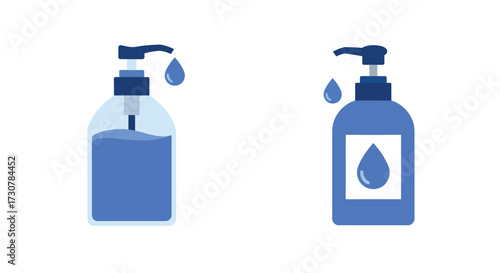 Two blue pump bottles with droplets illustrating hygiene and clean hands