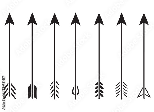 Seven black arrows with different fletching designs pointing upwards on a white background image