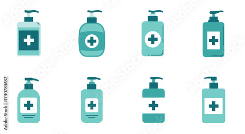 Illustration of eight teal hand soap dispensers with medical cross symbols