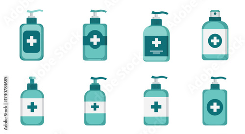 Collection of hand sanitizer bottles with plus sign icons displayed