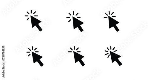 Multiple black computer cursors with starburst effects on a white background