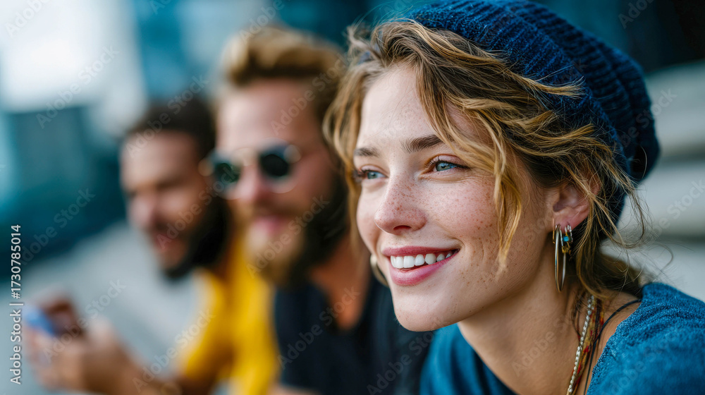 Fototapeta premium Diverse group of casually dressed young friends sitting and relaxing on broad city stairs, enjoying a moment of shared laughter. Urban lifestyle and community