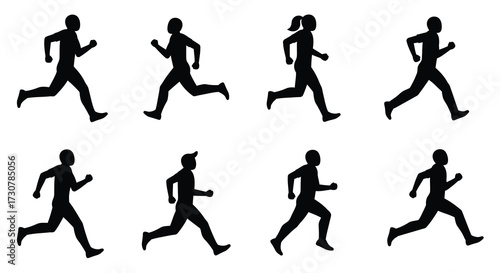 A group of silhouetted figures depicted in various running poses