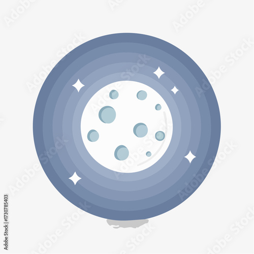 Stylized celestial body illustration with shimmering stars and lunar surface detail