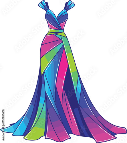 Colorful Evening Gown with Geometric Panels, Sweetheart Neckline and Off-Shoulder Sleeves, Elegant Fashion Illustration for Formal Wear Design