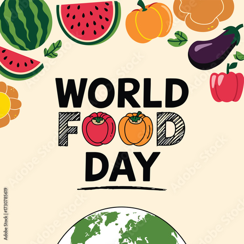 Vector art of world food day celebration with fresh fruits and vegetables forming a border around the text and a globe at the bottom