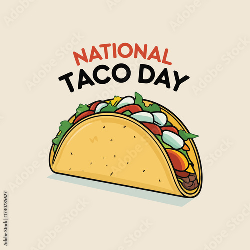 Minimalist flat vector illustration of tacos with colorful toppings, bold outlines, and playful design elements, perfect for National Taco Day celebrations, clipart, and digital art