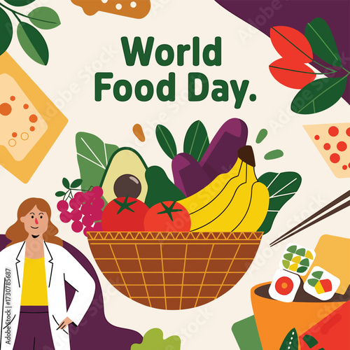 Vector art of world food day illustration with a person in a lab coat and a basket full of fresh fruits and vegetables, celebrating healthy eating and global nutrition