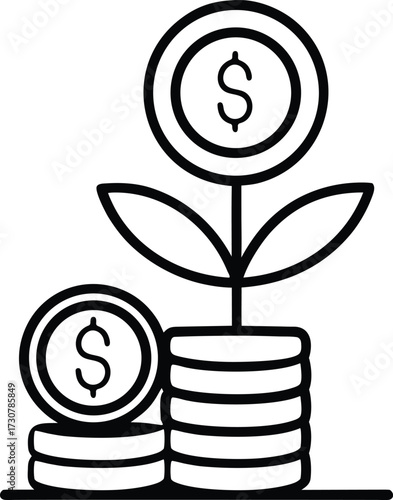 Plant Growing from Coins with Dollar Symbol – Investment and Financial Growth Icon