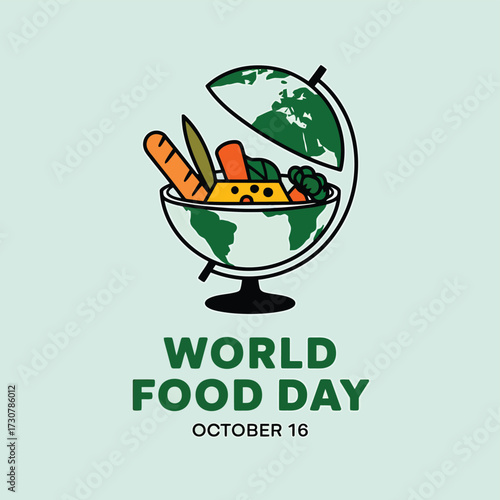 Vector art of world food day graphic with globe containing food items and text october 16