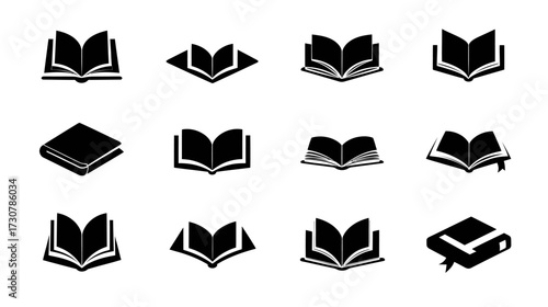Vector Book Icons Set. Collection of black silhouette symbols for reading, education, library, learning, and knowledge on white background.