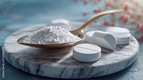 Elegant display of supplements featuring powder and pills on marble surface