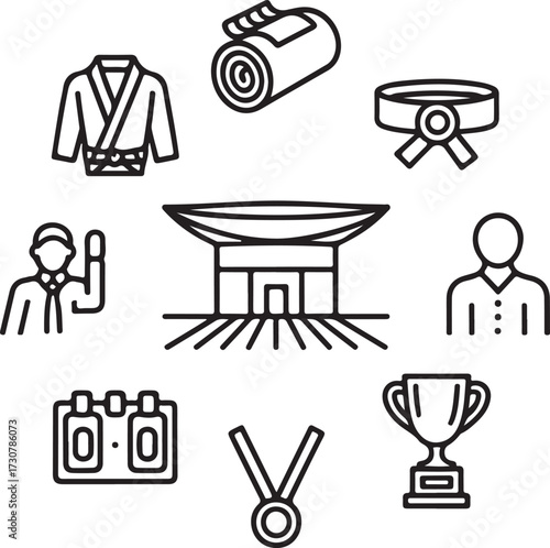Martial Arts Competition & Training Vector Icons – Dojo, Mat, Belt, Gi Uniform, Sparring, Referee, Scoreboard, Trophy, and Medal Collection