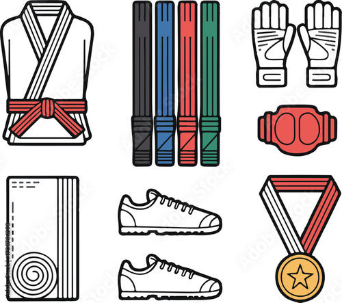 Martial Arts Gear Outline Icons – Gi Uniform, Belts of Different Colors, Gloves, Headgear, Training Mat, Shoes, Trophy, and Medal Set