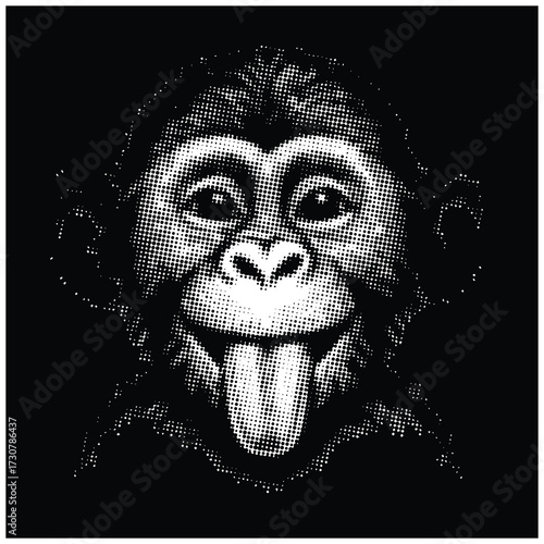 Playful Chimp Sticking Tongue Out Halftone Illustration. Funny Primate Face Vector Art on Black Background. Cheeky Monkey Graphic Design for Apparel and Prints.