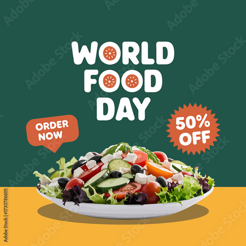 Vector art of world food day celebration with a fresh salad and a 50 off offer, promoting healthy eating and food awareness