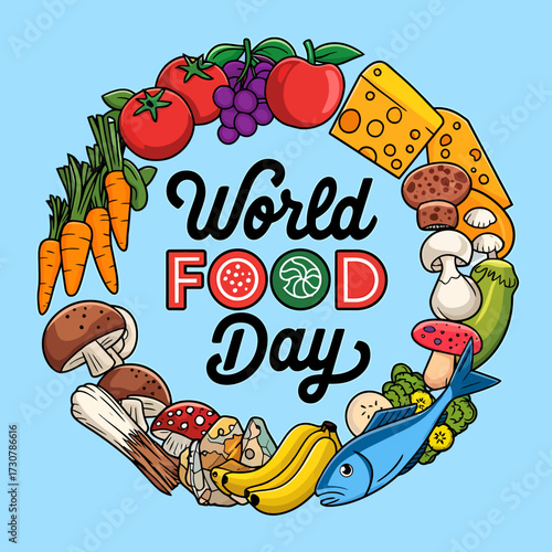 Vector art of world food day wreath illustration featuring fresh fruits, vegetables, cheese, fish, and mushrooms on a light blue background