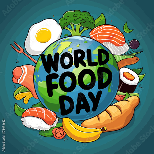 Vector art of world food day concept with globe surrounded by diverse food items including fruits, vegetables, fish, and meat on dark blue background