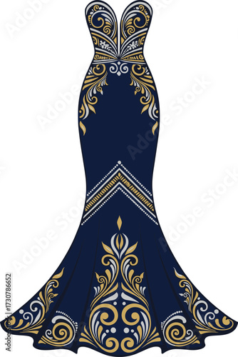 Elegant Dark Blue Mermaid Gown with Gold Ornamental Floral Patterns, Strapless Sweetheart Neckline, Luxury Evening Dress for Formal Events