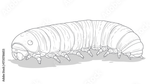 Detailed outline drawing of a grub or larva, a segmented insect. Black and white cartoon illustration of a creepy crawly creature.