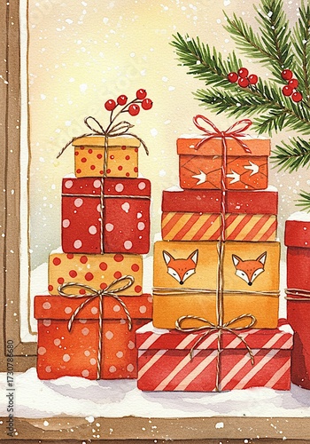 Colorful Stack Of Christmas Gift Boxes With Ribbons And Pine Branches In Snowy Window