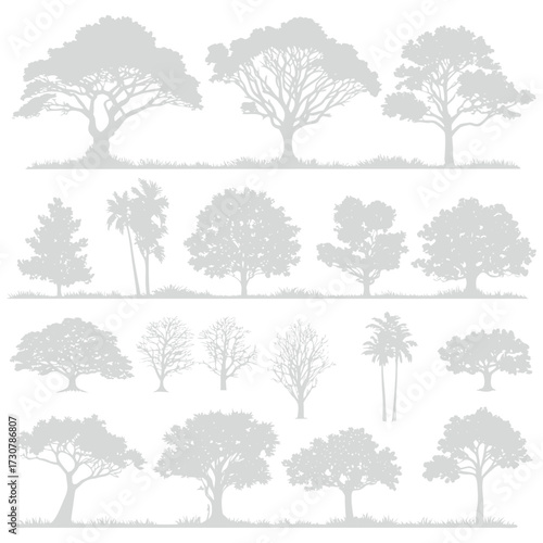 Collection of tree silhouettes in various shapes and styles. Natural forest elements perfect for backgrounds, eco projects, and creative design. Ideal for decoration and illustration themes.