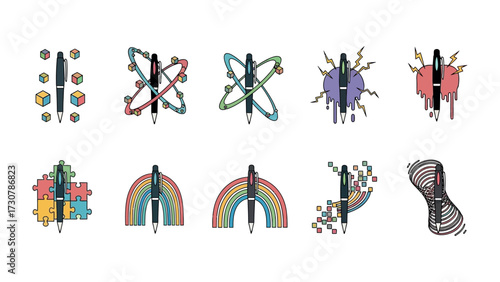 Conceptual Pen Collection: A diverse assortment of conceptual art, each pen design represents idea, thought process and creativity, ideal for intellectual projects.