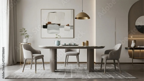 Modern minimalist dining room with round table, neutral tones, and abstract artwork