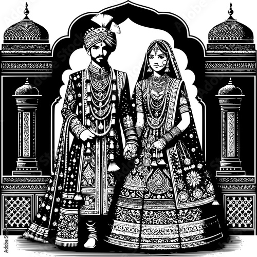 Elegant Indian Wedding: A meticulously illustrated depiction of an Indian wedding ceremony, showcasing a beautifully adorned couple in traditional attire, framed by ornate architectural details.