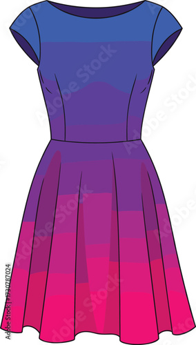 Gradient knee-length dress with short sleeves and flared skirt, vibrant fashion illustration for casual, spring, summer, or everyday wear design.