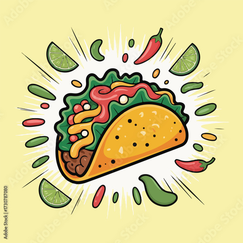 cartoon taco with lime, chili, yellow background clip art preview