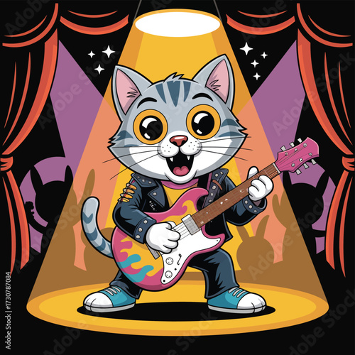 A cute cartoon kitten character playing a funny guitar as a vector illustration of a happy pet animal