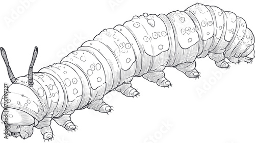Detailed hand-drawn line art illustration of a plump caterpillar insect, showcasing its segmented body, tiny legs, and antennae.