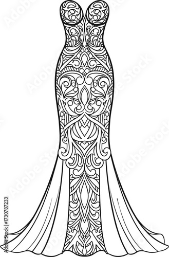 Ornate Strapless Evening Gown Vector with Sweetheart Neckline and Swirling Geometric Patterns for Fashion, Bridal, Costume, and Design Projects