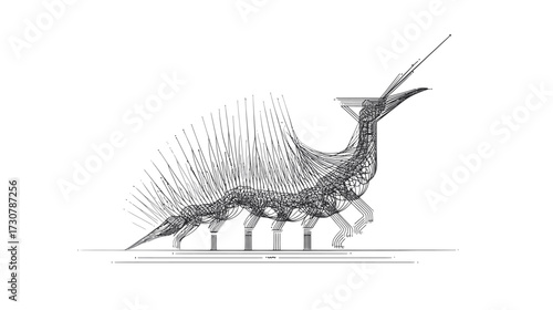 Conceptual organism technical illustration: intricate black and white drawing of a hypothetical spiky, multi-legged alien creature.