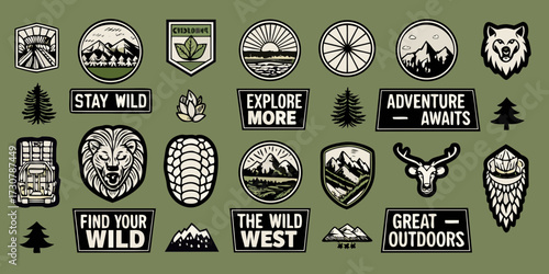 Collection of outdoor adventure themed patches and badges with nature motifs and motivational phrases