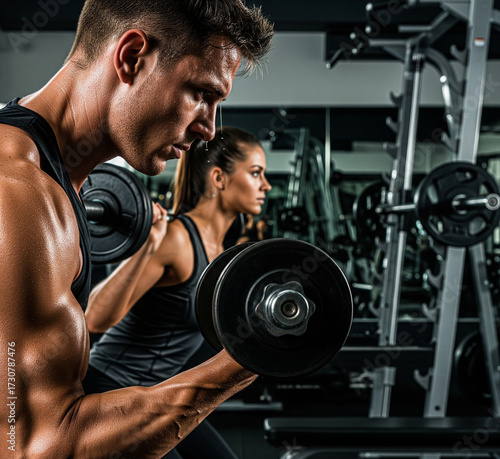 Entraînement de musculation en duo : couple soulevant des poids à la salle de sport