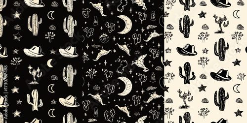 Whimsical hand drawn western desert pattern with cacti cowboy hats moons and stars
