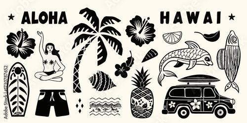 Hawaiian aloha tropical paradise collection with surfing and beach elements