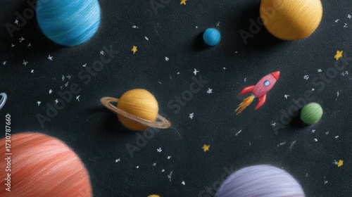 Large chalkboard filled with colorful illustrations of planets, rockets, and stars for an astronomy lesson