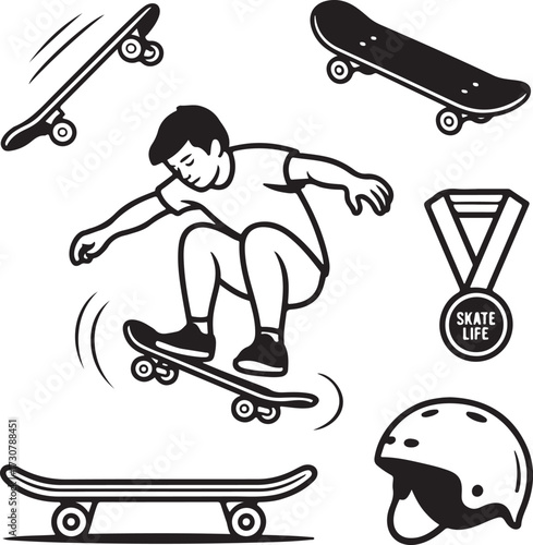 Skateboarding Tricks & Motion Hand-Drawn Icons – Ollie, Rail Grind, Kickflip, Ramp Jump, Skateboard, Helmet, and Medal Graphics