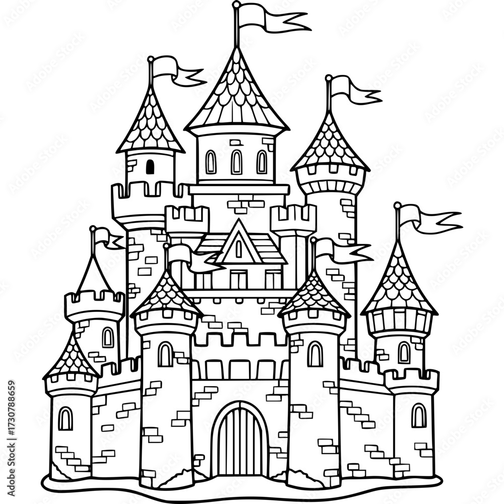 Fototapeta premium Majestic Castle Sketch: A regal castle illustration, with towering turrets, ornate flags, and a grand entrance gate, rendered in intricate detail, ready for coloring and creative projects.