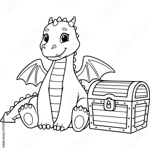 Whimsical Dragon and Treasure Chest: A cheerful dragon, sketched in black and white, sits beside a wooden treasure chest, ready for adventure.