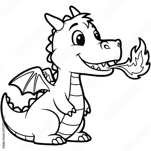 Cute Dragon Unleashes Fire: A charming cartoon dragon, its large, expressive eyes and playful smile hinting at a fiery surprise, breathes a playful plume of flame in a delightful depiction.