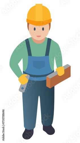 Professional builder character illustration of a male construction worker with a hard hat, brick, and trowel, symbolizing skilled labor in the building industry