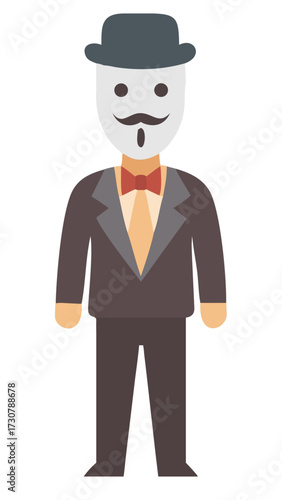 Mysterious anonymous man in a formal suit, bowler hat, and mask, a vector illustration representing secrecy, protest, and online identity