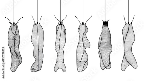 Sequence of abstract evolving organic forms, conceptual parametric design line art, bio-inspired transformation illustration